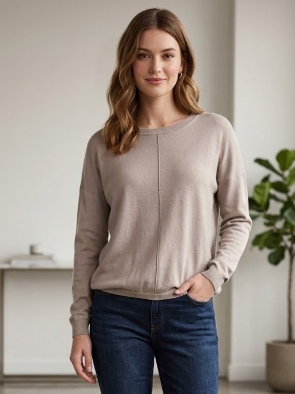 Women's Crewneck Pullover Sweater in Taupe